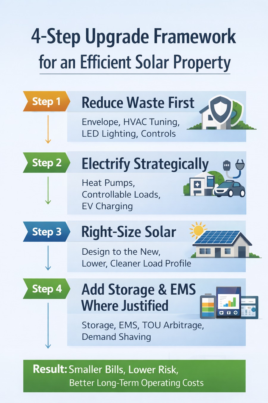 Infographic showing a four-step framework for efficient solar properties: reduce waste, electrify strategically, right-size solar, then add battery storage and EMS.