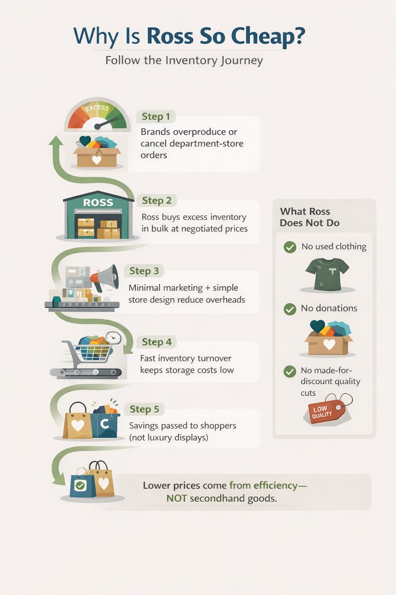 Infographic explaining where Ross gets its clothing and why prices are lower than traditional retail stores.