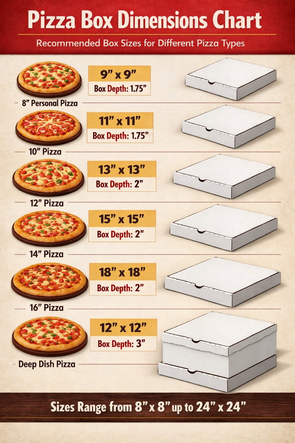 Pizza box dimensions chart showing recommended box sizes for 8-inch to 24-inch pizzas, including depth requirements.