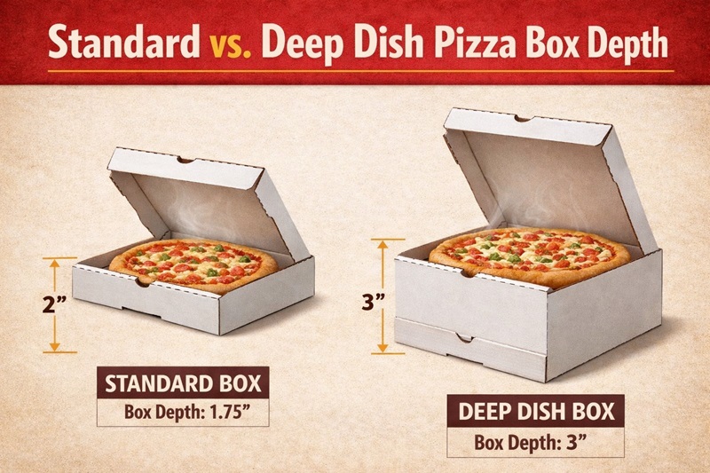 Comparison of standard pizza box depth versus deep-dish pizza box height showing increased clearance for thick crust pizzas.