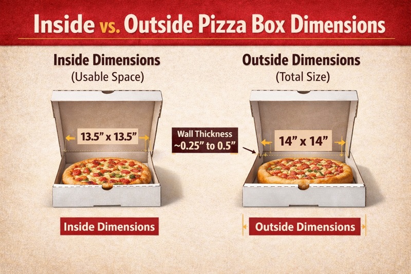 Diagram showing inside vs outside pizza box dimensions, highlighting wall thickness and usable interior space.