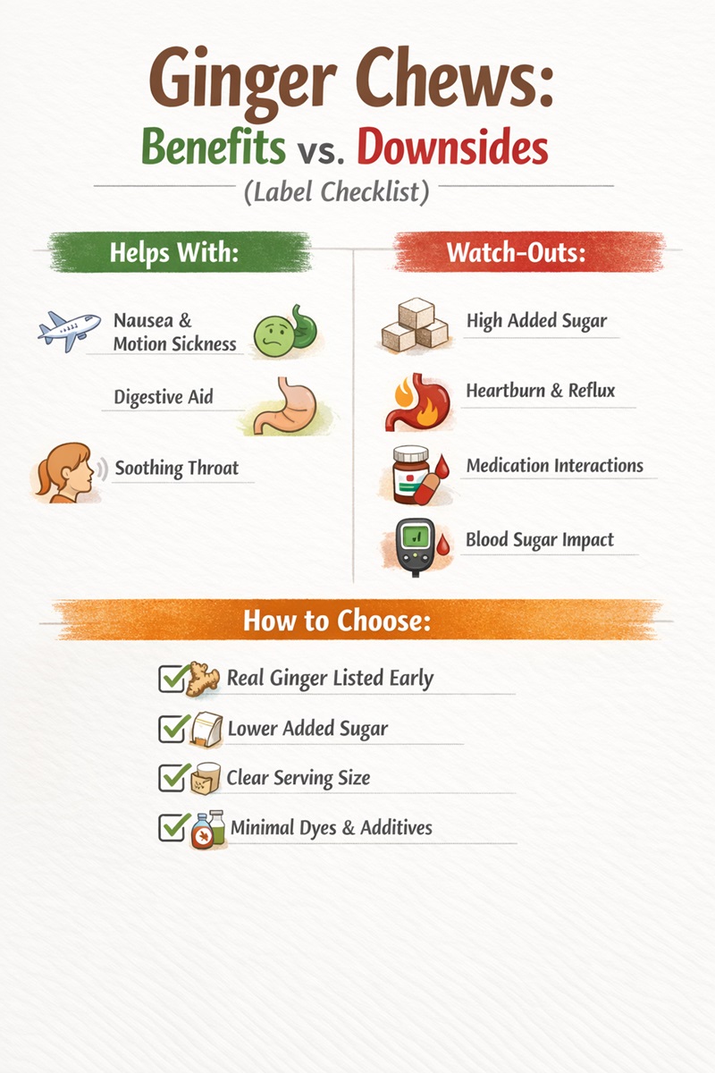 Infographic titled “Ginger Chews: Benefits vs. Downsides (Label Checklist)” showing two columns: benefits like nausea relief, digestive support, and soothing throat; downsides including added sugar, heartburn, medication interactions, and blood sugar impact; plus a bottom checklist for choosing healthier ginger chews.