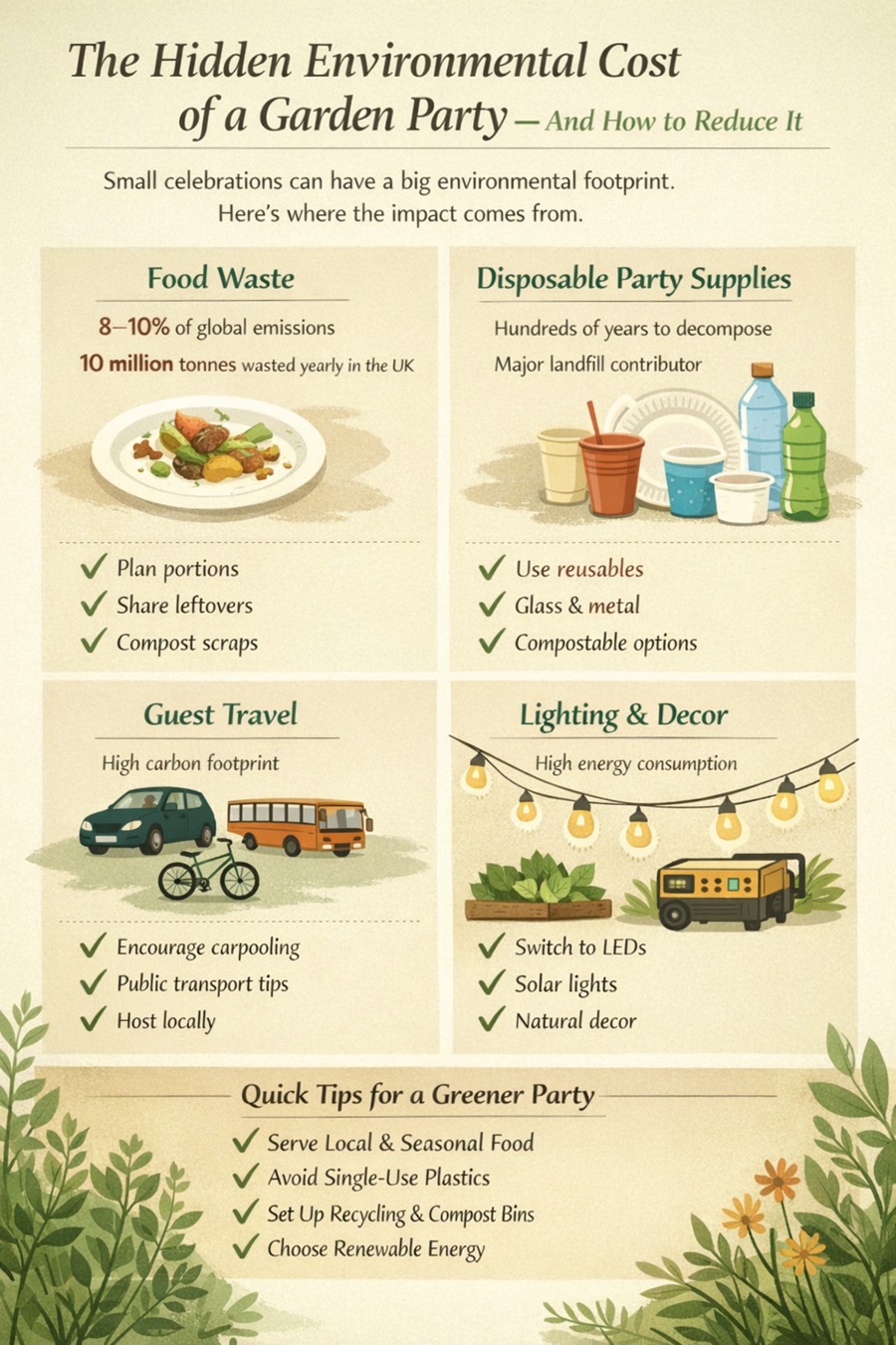 Infographic showing the environmental impact of a garden party, highlighting food waste emissions, landfill issues from disposable party supplies, carbon footprint from guest travel, and energy use from lighting and decorations, with eco-friendly alternatives such as reusable tableware, carpooling, LED lights, solar lighting, and composting.