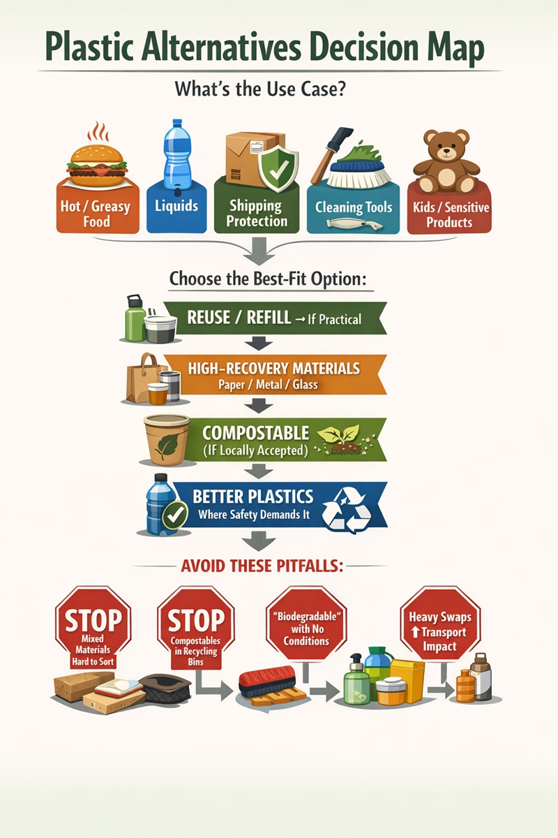 Infographic titled “Plastic Alternatives Decision Map” showing a step-by-step guide to choosing sustainable packaging by use case (hot food, liquids, shipping, cleaning tools, kids products), prioritizing reuse/refill, high-recovery materials, compostables where accepted, and better plastics when safety requires, plus common pitfalls like mixed materials and improper composting.