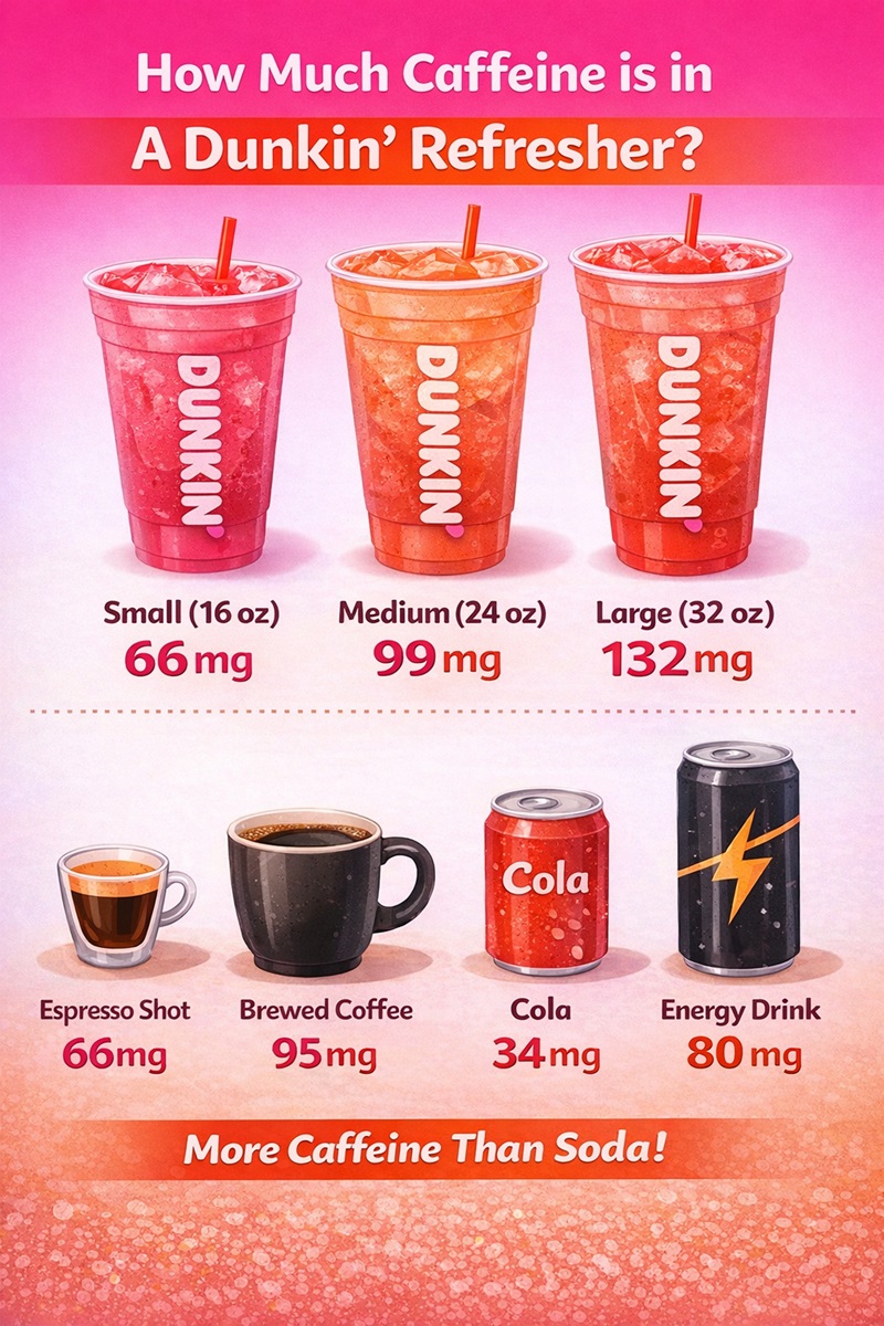 2. Infographic comparing caffeine levels in Dunkin Refreshers by size versus coffee, espresso, soda, and energy drinks.
