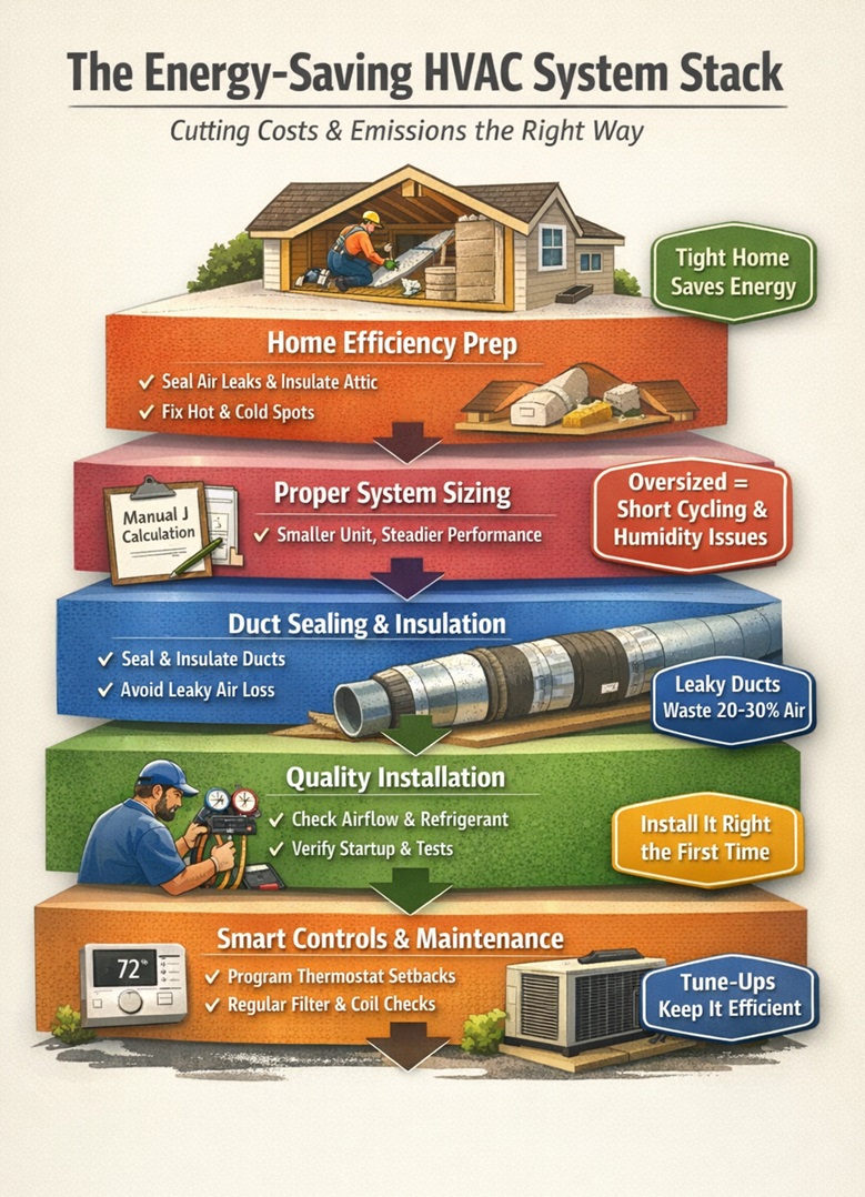 Energy-saving HVAC installation infographic highlighting air sealing, right sizing, duct sealing, commissioning, and smart thermostat maintenance steps.