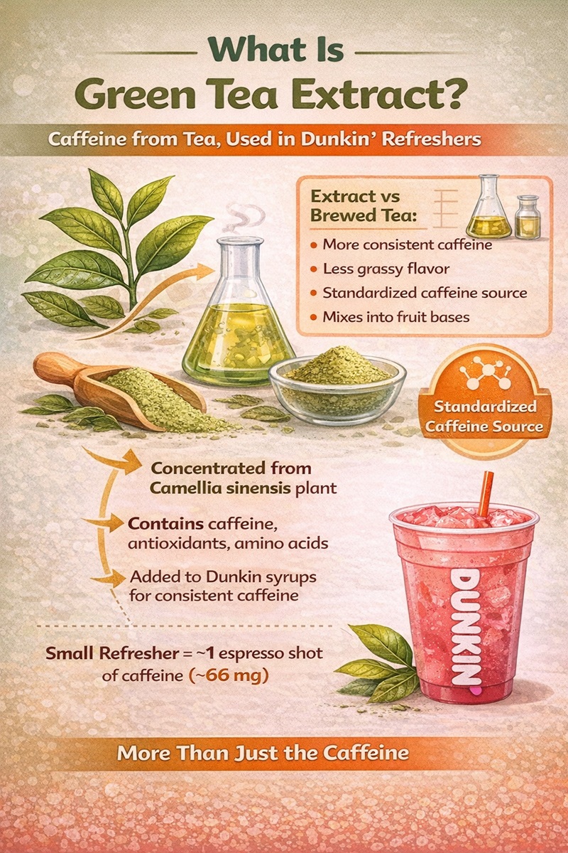 1.	Close-up of green tea leaves and green tea extract used as a caffeine source in beverages.