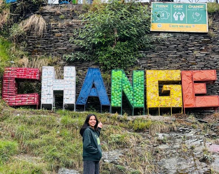 Sarita Sandwal, a tourist visiting Dharamshala, shared this photo where she stands in front of the iconic CHANGE art structure. 