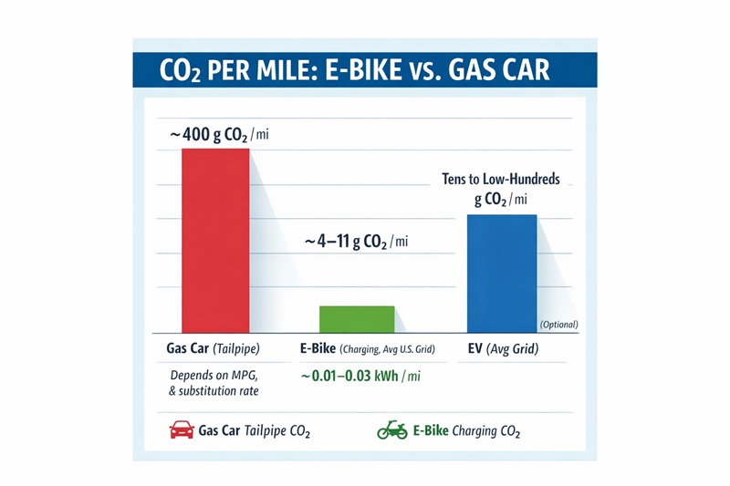 Comparison of CO₂ emissions per mile: gas car around 400 g CO₂/mi vs e-bike charging roughly 4–11 g CO₂/mi on the average U.S. grid.