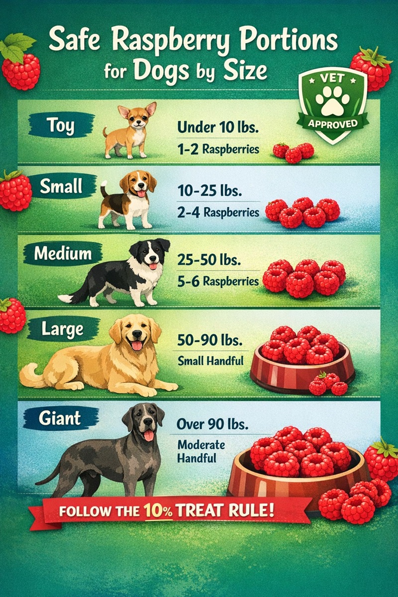 Infographic showing safe raspberry serving sizes for dogs by weight and breed size, including toy, small, medium, large, and giant dogs with recommended raspberry portions and the 10 percent treat rule.
