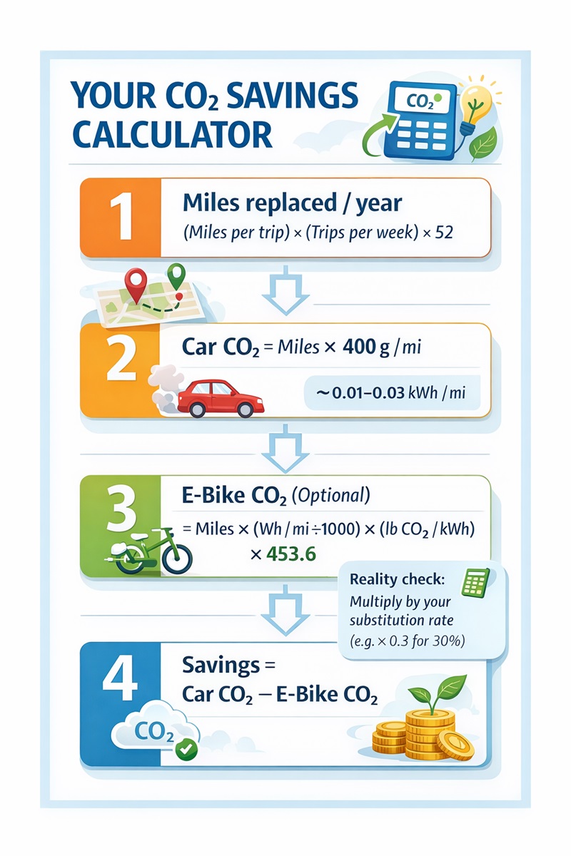 Four-step calculator showing how to estimate annual CO₂ savings when e-bike miles replace car miles, including optional charging emissions.