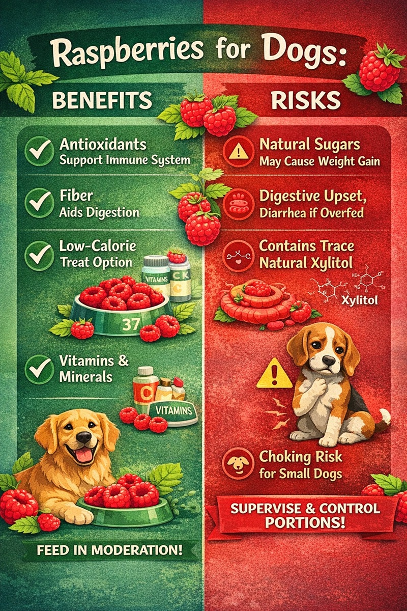 Split infographic comparing raspberry benefits and risks for dogs, showing antioxidants and fiber benefits on one side and warnings about natural sugar, digestive upset, trace xylitol, and choking risk on the other.