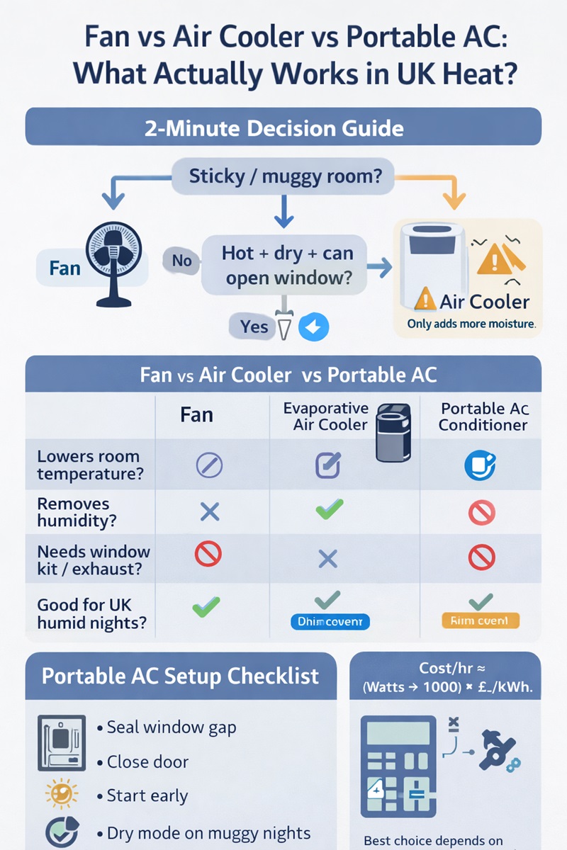 Infographic comparing fan, evaporative air cooler and portable air conditioner for UK heatwaves, with a decision flowchart, feature table, setup checklist and running-cost formula.