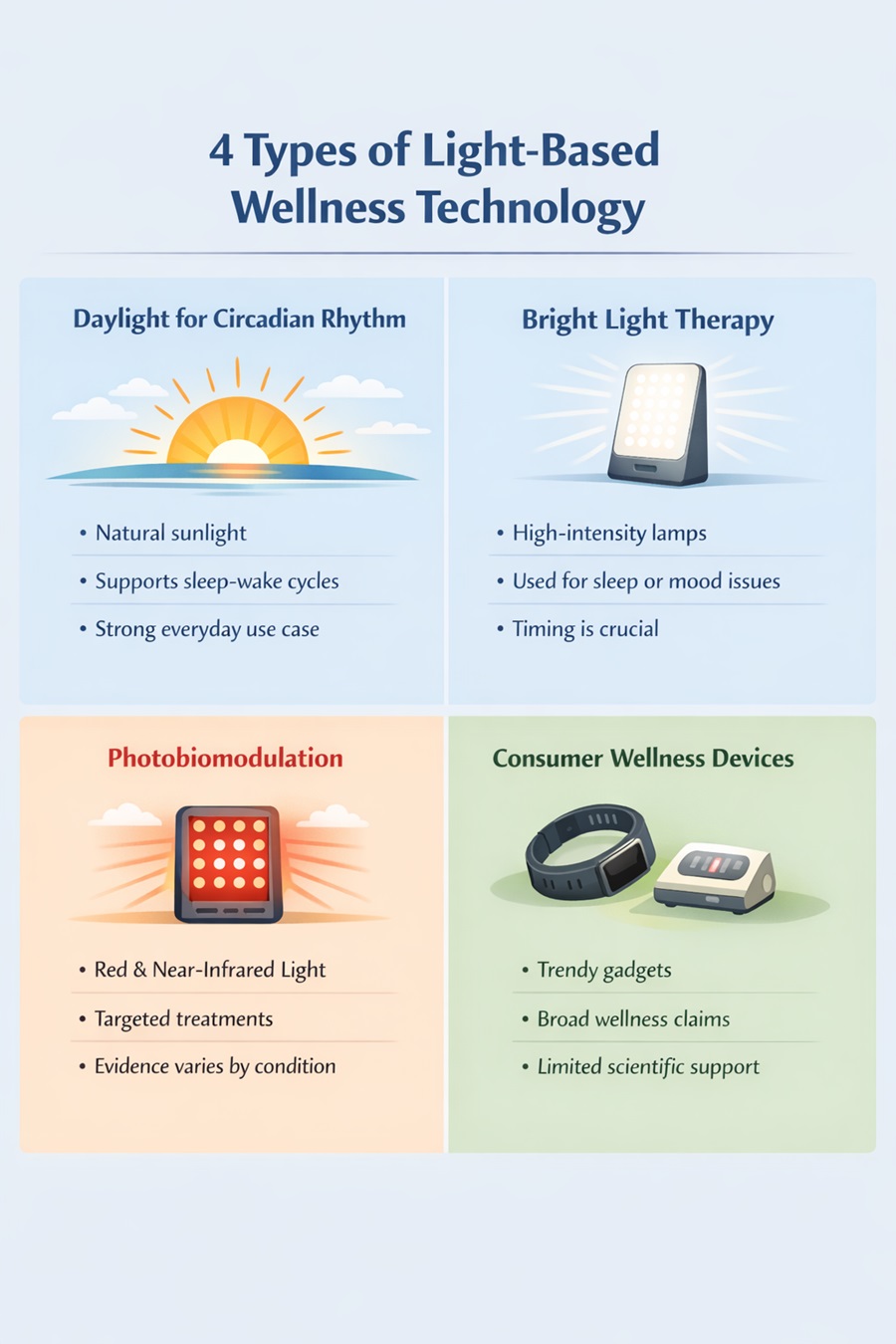 Infographic showing four categories of light-based wellness: daylight for circadian rhythm, bright-light therapy, photobiomodulation, and broader consumer wellness devices.