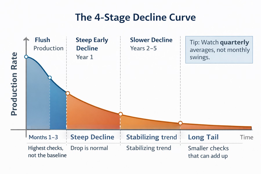 Infographic showing a four-stage oil and gas production decline curve from high early output to a long steady tail, with guidance to review quarterly trends.
