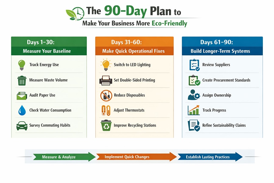 90-day eco-friendly business plan infographic with steps for measurement, quick fixes, and long-term sustainability.