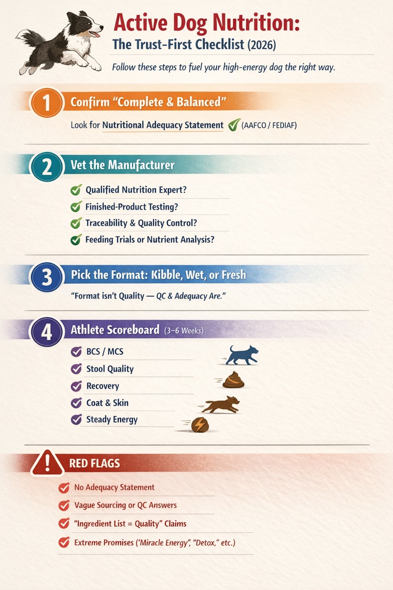 Infographic showing a 4-step checklist for choosing food for active dogs: confirm complete-and-balanced adequacy, evaluate manufacturer quality controls, choose any format that meets standards, and track results using BCS/MCS, stools, recovery, coat, and energy—plus red flags to avoid.