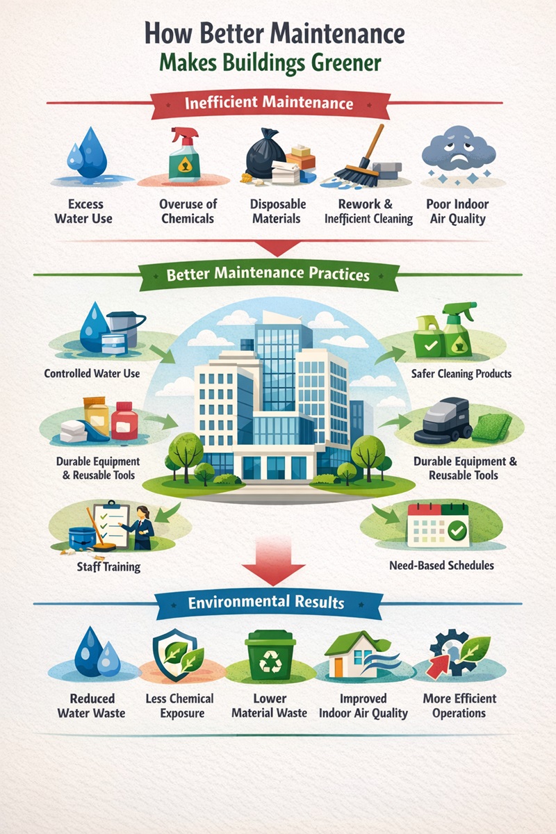 Infographic showing how better maintenance practices reduce water waste, chemical use, and indoor environmental burdens in commercial buildings.