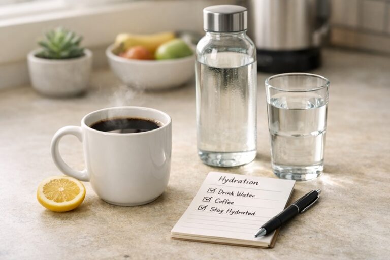 Does Coffee Count as Water Intake? Coffee mug next to a glass of water on a kitchen counter, representing hydration tracking.