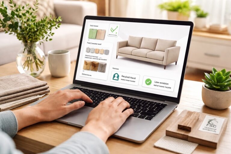 Person using a laptop furniture configurator to compare sustainable materials such as certified wood and eco-friendly fabric in a bright modern room.