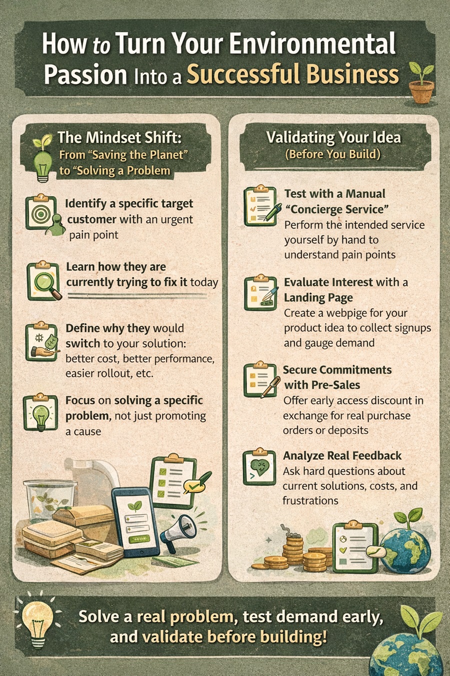 Infographic showing steps to validate a green startup idea before building a product.