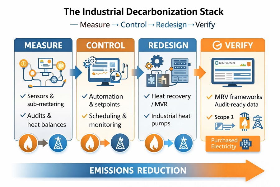 Infographic showing four-step pathway: measure, control, redesign, and verify emissions reductions in industrial operations.