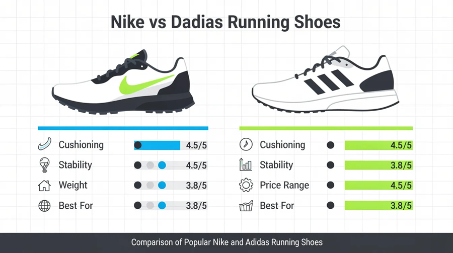 The infographic compares Nike and Adidas running shoes, highlighting key metrics such as shoe design, performance, and market share. It features images of popular models like the Nike Air Max and Adidas Evo SL, showcasing their unique styles and athletic wear appeal for elite runners and casual sports fans alike.