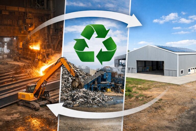 Circular steel recycling process showing scrap metal being processed in a steel plant and reused to construct a modern prefabricated metal building with solar panels.