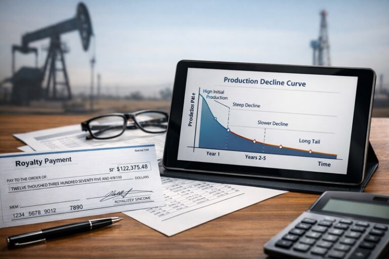 Royalty payment check on a desk beside a tablet displaying a production decline curve chart with stages labeled flush production, steep decline, slower decline, and long tail, with oil pumpjacks blurred in the background.