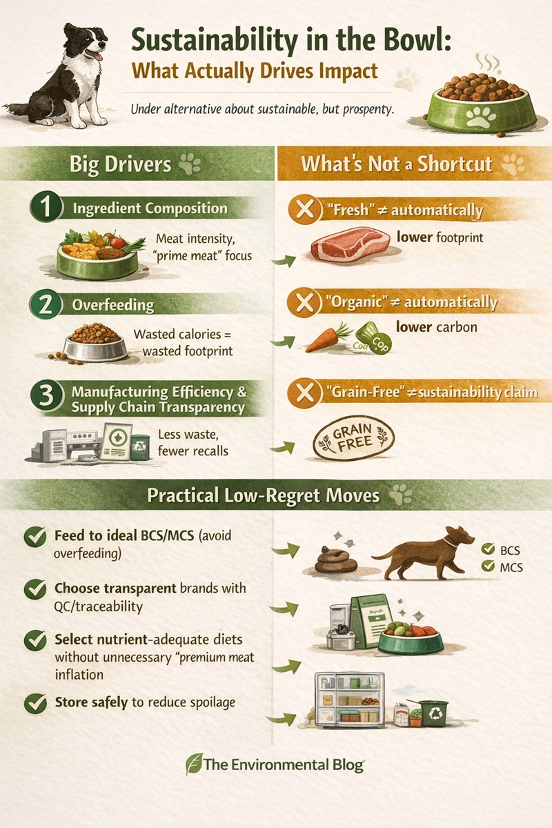 Infographic summarizing pet food sustainability drivers: ingredient composition and meat intensity, overfeeding, manufacturer transparency, and food waste; it also notes that fresh or organic are not automatic carbon shortcuts and gives practical low-regret steps.