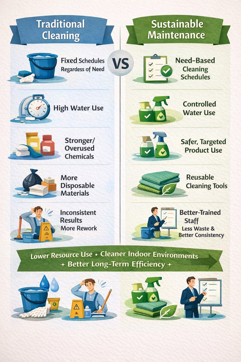 Comparison infographic showing the difference between traditional cleaning methods and sustainable building maintenance practices.