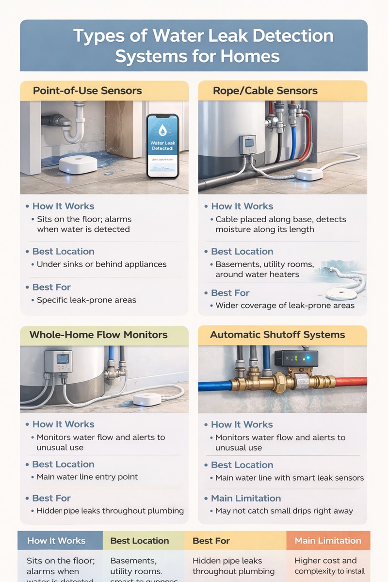 Infographic showing four types of home water leak detection systems: point-of-use sensors, rope or cable sensors, whole-home flow monitors, and automatic shutoff valve systems.