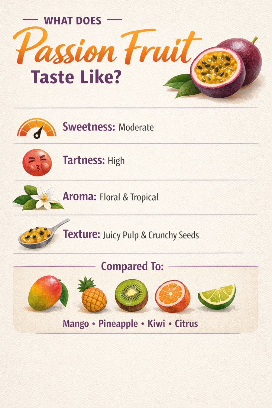 Infographic explaining what passion fruit tastes like, including sweetness, tartness, aroma, texture, and fruit comparisons.
