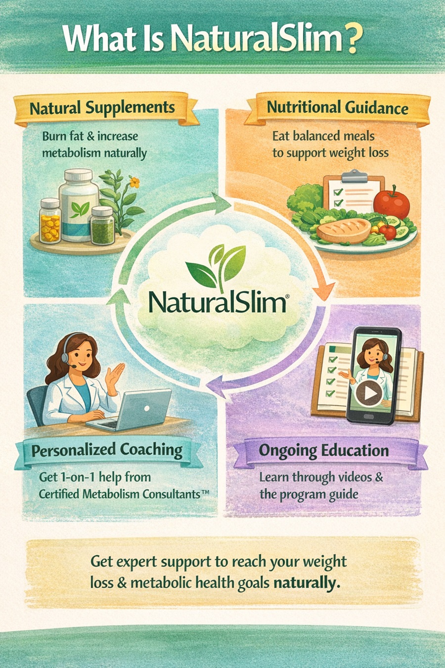 Infographic showing NaturalSlim system with supplements, nutrition guidance, coaching, and education for weight loss support.