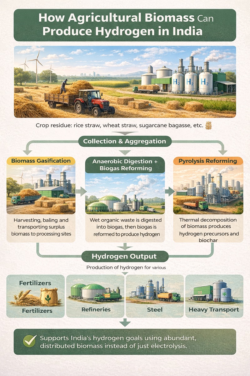 Infographic explaining how agricultural biomass is converted into hydrogen through gasification, biogas reforming, and pyrolysis pathways.