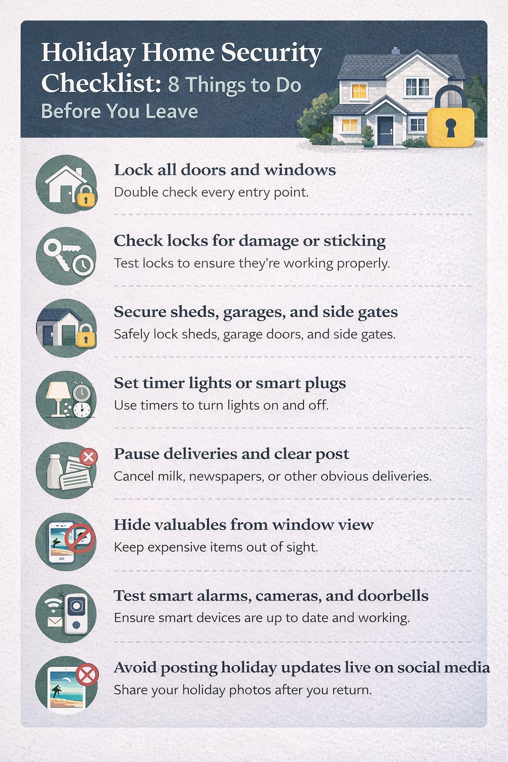 Holiday home security checklist infographic showing eight steps before leaving: lock doors and windows, check locks for damage, secure sheds and garages, set timer lights, pause deliveries, hide valuables, test smart alarms and doorbells, and avoid posting holiday updates on social media.