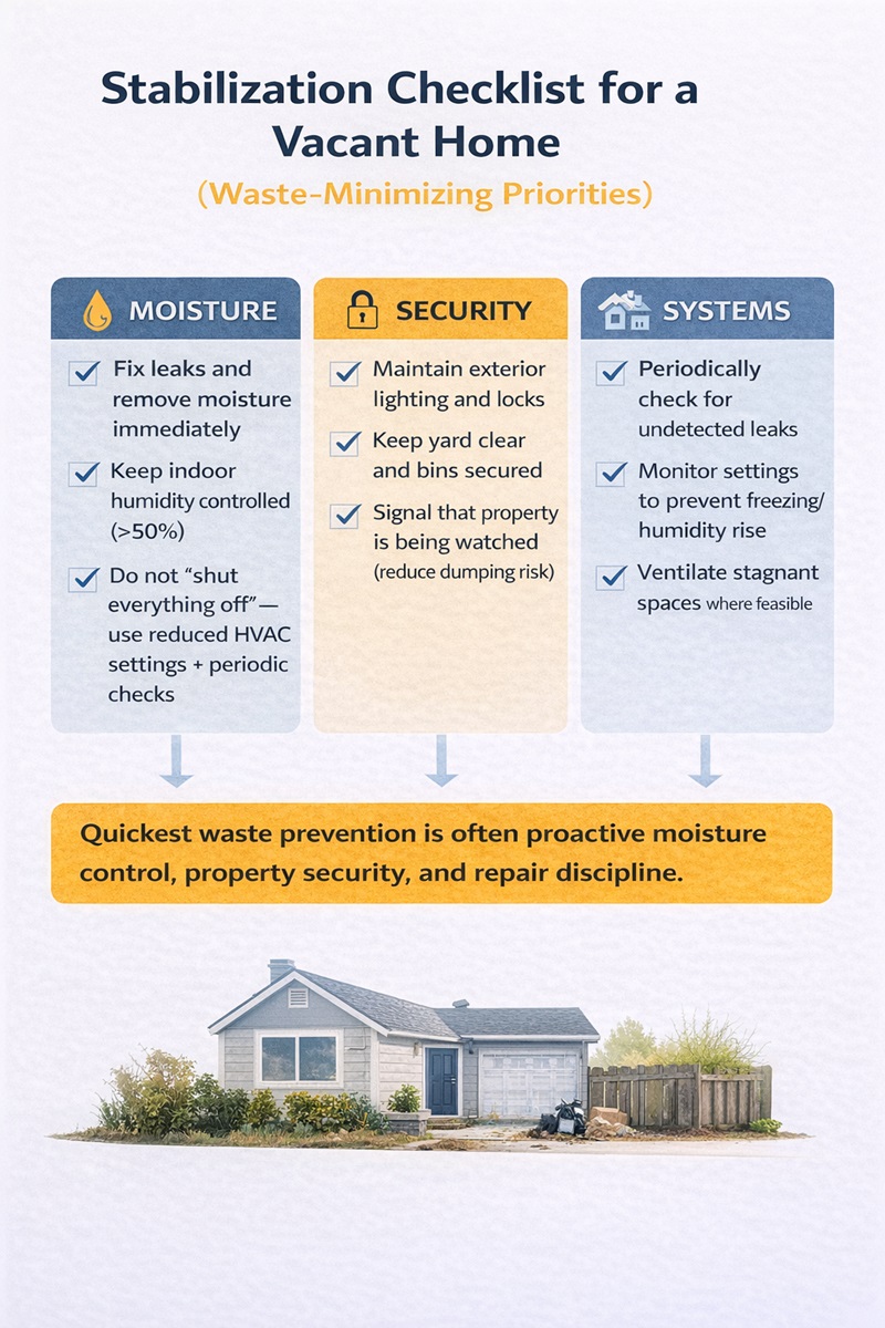 Checklist infographic summarizing moisture control, security, system checks, and rehab planning steps that reduce waste during home vacancy.