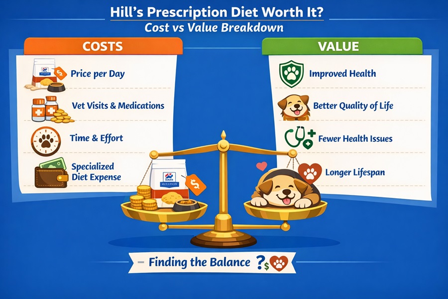 Infographic comparing the costs and value of Hill’s Prescription Diet for dogs, with side-by-side sections for daily cost, vet-related expenses, time and effort, and potential health and quality-of-life benefits.