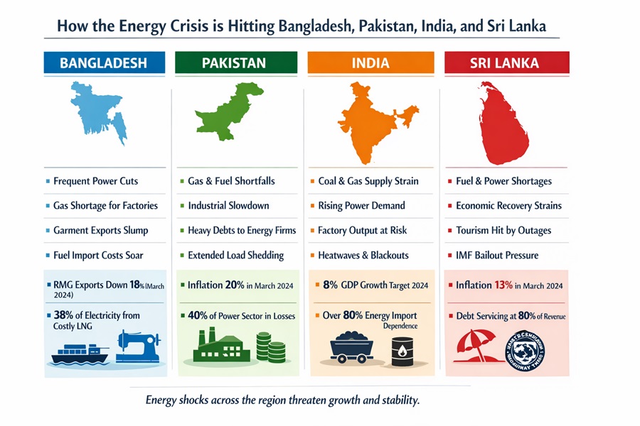 Infographic comparing how the energy crisis impacts Bangladesh, Pakistan, India, and Sri Lanka, highlighting power cuts, fuel shortages, industrial slowdown, rising costs, and economic pressure across South Asia.