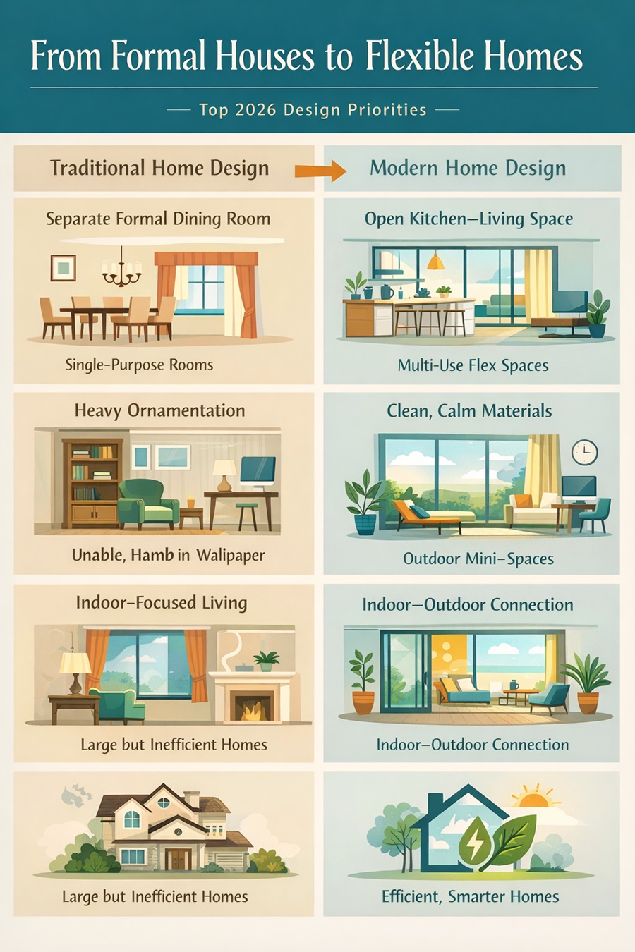 Comparison infographic showing the shift from traditional home layouts with formal rooms to modern homes featuring open floor plans, flexible spaces, and indoor-outdoor living.