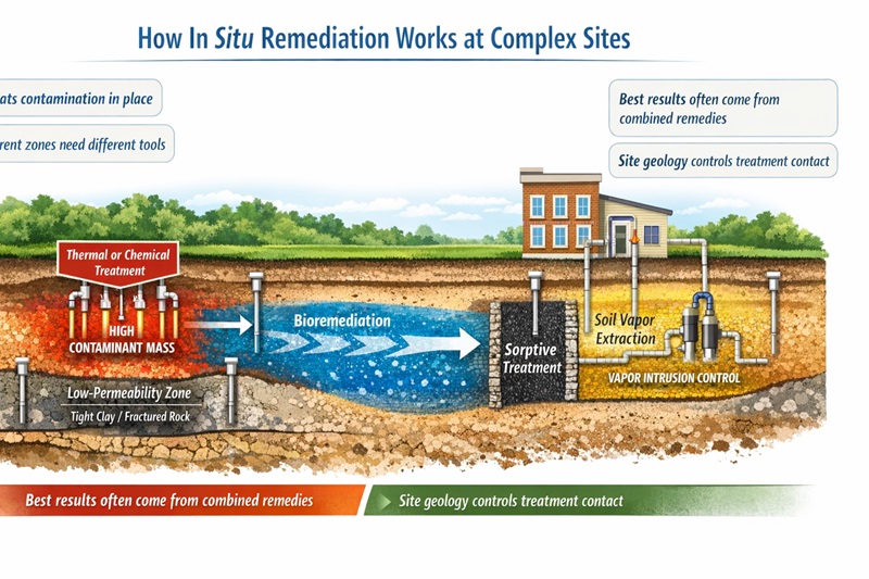 Infographic of in situ remediation methods across a contaminated site, showing source treatment, plume bioremediation, sorptive barriers, and vapor extraction near buildings.