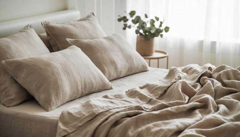 The image showcases a tranquil and sophisticated bedroom scene, highlighting a neatly made bed with elegant, organic linen sheets in soft.