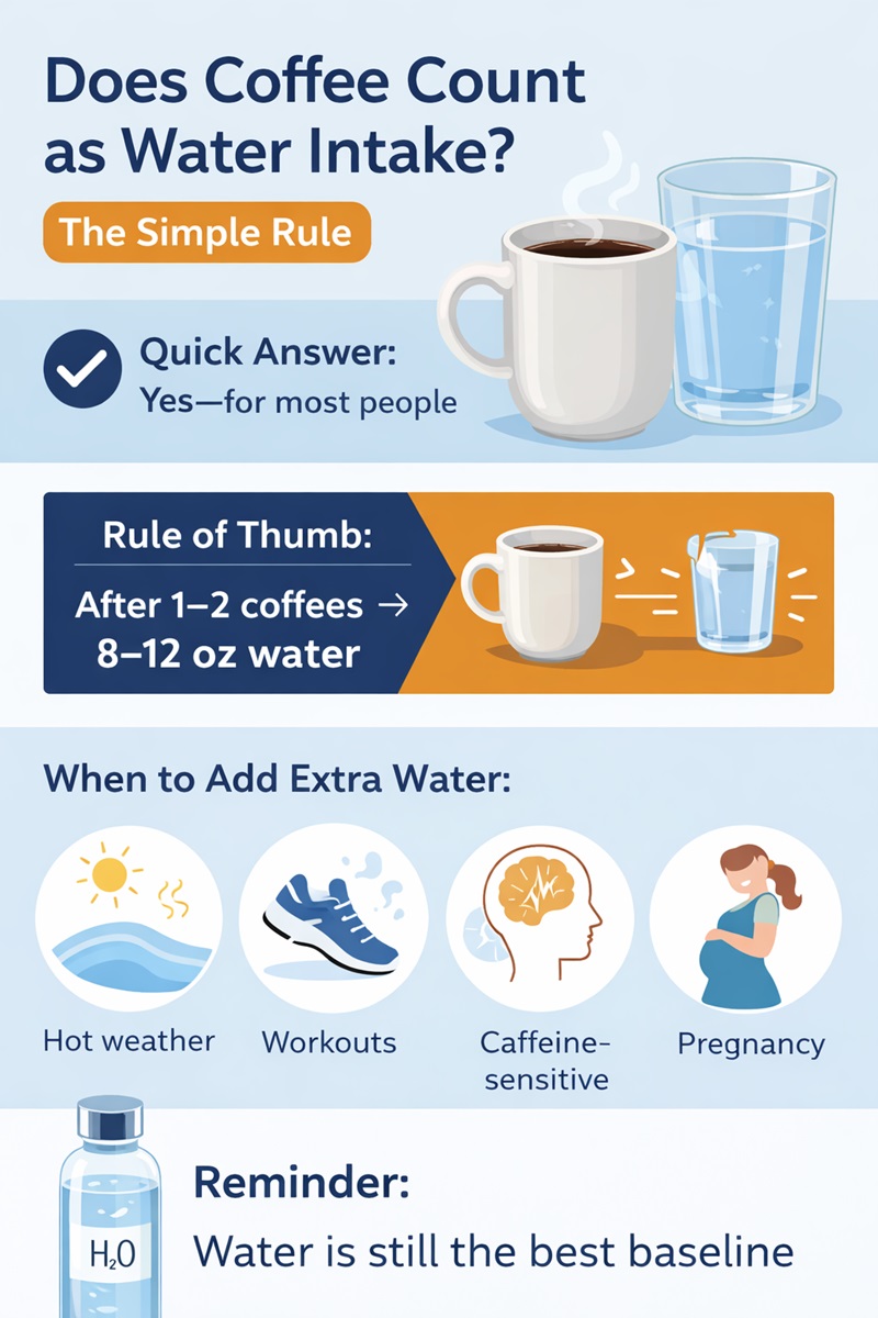 Infographic explaining that coffee can count toward fluid intake and showing a coffee-to-water rule of thumb.