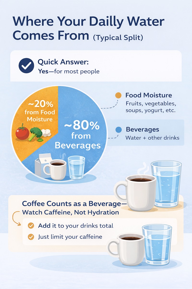 Chart showing typical total water intake sources from beverages and food moisture, with a note that coffee contributes to beverages.