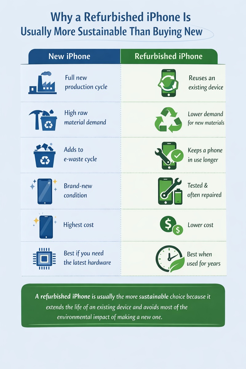 New vs refurbished iPhone sustainability comparison infographic showing why refurbished is more eco-friendly.