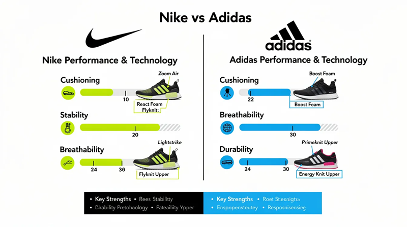 The infographic compares Nike and Adidas in terms of performance and technology, highlighting key metrics such as shoe design, athletic wear innovations, and athlete endorsements. It features visuals of popular models like Nike running shoes and Adidas shoes, illustrating their impact on the footwear market and the ongoing rivalry between the two brands.