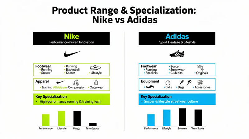 This infographic compares the product range and specialization of Nike and Adidas, highlighting key metrics such as market share, athlete endorsements, and innovations in shoe design, including Nike running shoes and Adidas shoes. It visually represents the competition between these two dominant brands in the footwear market, showcasing their unique offerings and cultural relevance in the athletic wear industry.