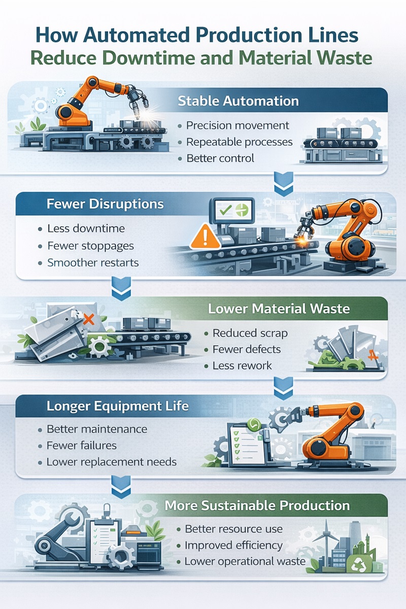 Infographic explaining how reliable automated production lines reduce downtime, scrap, rework, and material waste in manufacturing.