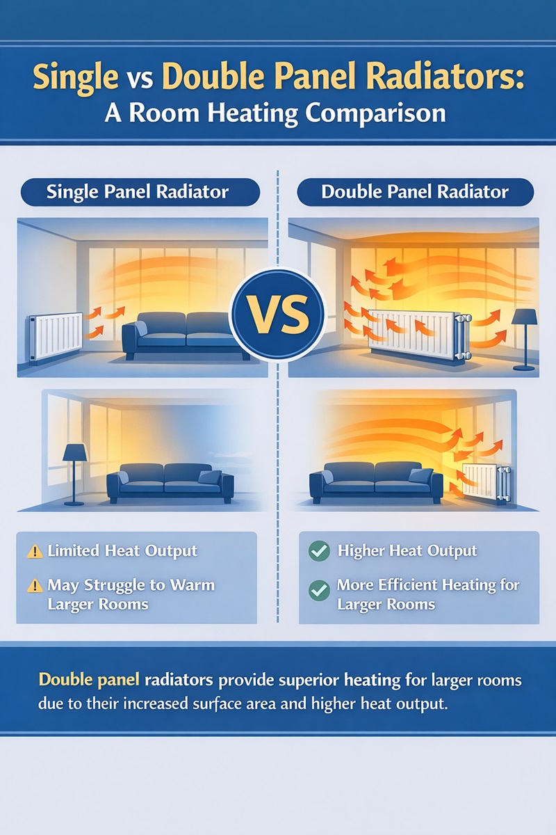 Single vs double panel radiators infographic showing a room heating comparison, with the single panel radiator producing limited heat output and the double panel radiator providing stronger, more efficient heating for larger rooms.