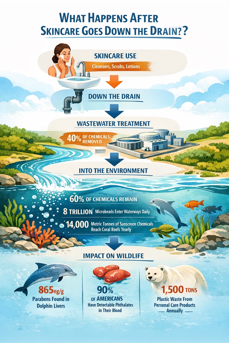 Infographic showing how skincare products go from drains to waterways, where leftover chemicals and microplastics harm aquatic life.